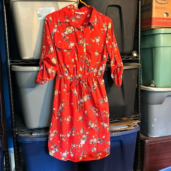Speed Limit M P H Red Floral Mini Dress Button 3/4 Short Sleeves Elastic Waist S - Picture 3 of 16